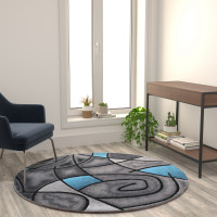 Flash Furniture ACD-RGTRZ860-55-BL-GG Jubilee Collection 5' x 5' Round Blue Abstract Area Rug - Olefin Rug with Jute Backing - Living Room, Bedroom, Family Room